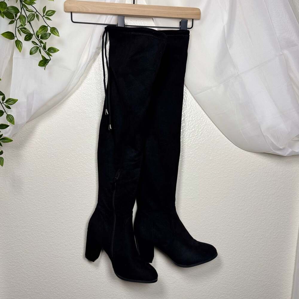 Black Faux Suede Over The Knee Block Heel Boots w/ Drawstring Faux Fur Lined